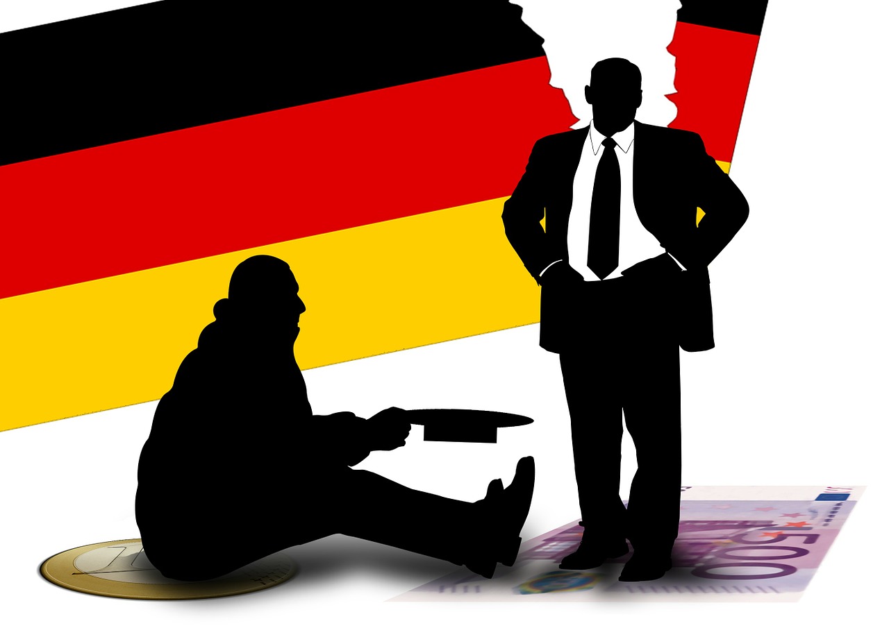 Grafik: Bettler sitz zu Füßen eines Mannes im Anzug. Im Hintergrund eine reißende Deutschlandfahne.